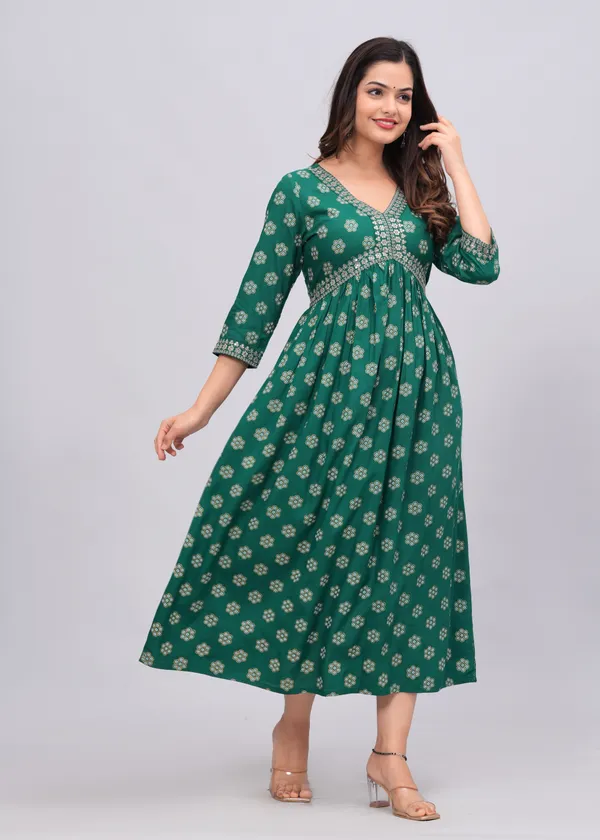 Green_Floral_Printed_V-Neck_Sequinned_Empire_Midi_Ethnic_Dress_For_Women