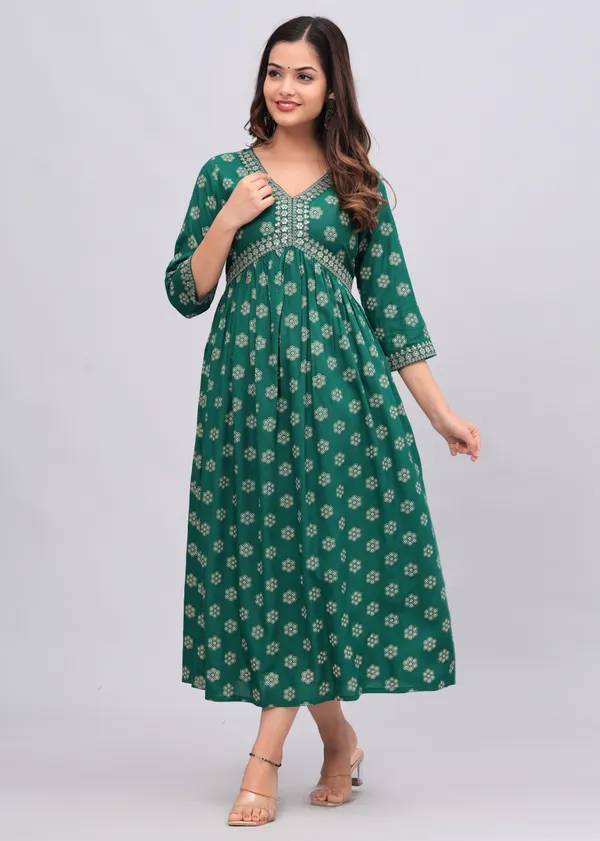 Green_Floral_Printed_V-Neck_Sequinned_Empire_Midi_Ethnic_Dress_For_Women