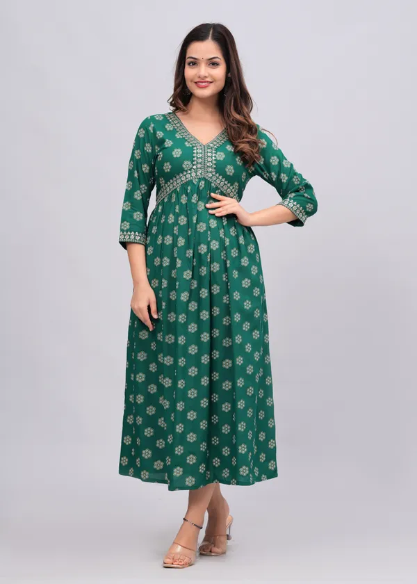 Green_Floral_Printed_V-Neck_Sequinned_Empire_Midi_Ethnic_Dress_For_Women