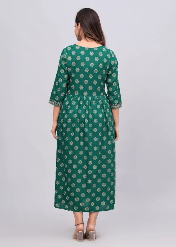 Green_Floral_Printed_V-Neck_Sequinned_Empire_Midi_Ethnic_Dress_For_Women