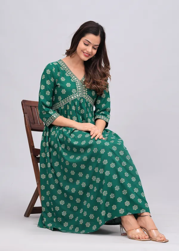 Green_Floral_Printed_V-Neck_Sequinned_Empire_Midi_Ethnic_Dress_For_Women