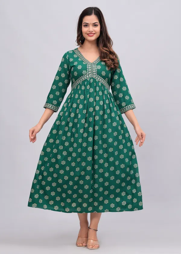 Green_Floral_Printed_V-Neck_Sequinned_Empire_Midi_Ethnic_Dress_For_Women