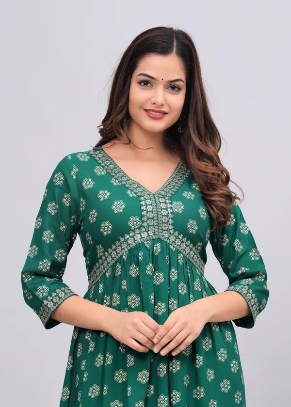 Green_Floral_Printed_V-Neck_Sequinned_Empire_Midi_Ethnic_Dress_For_Women