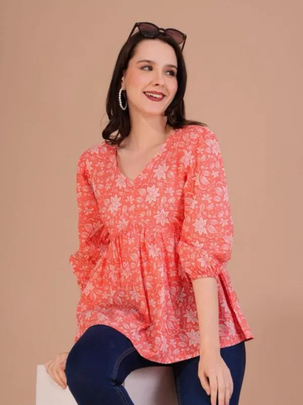 Orange_Floral_Printed_Regular_Kurta_Tops_For_Women