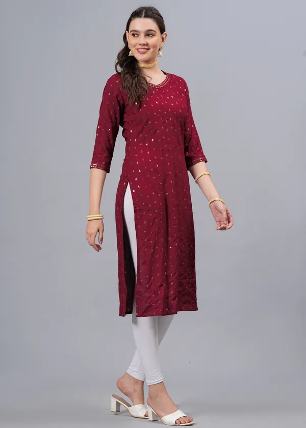 Maroon_Tribal_Embroidered_Mirror_Work_Straight_Kurta_For_Women