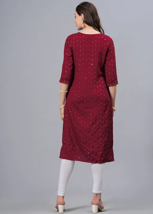 Maroon_Tribal_Embroidered_Mirror_Work_Straight_Kurta_For_Women
