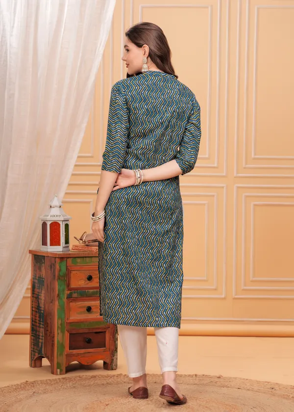 Green_Mandarin_Collar_Chevron_Printed_Straight_Cotton_Kurta_For_Women