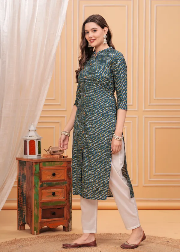 Green_Mandarin_Collar_Chevron_Printed_Straight_Cotton_Kurta_For_Women