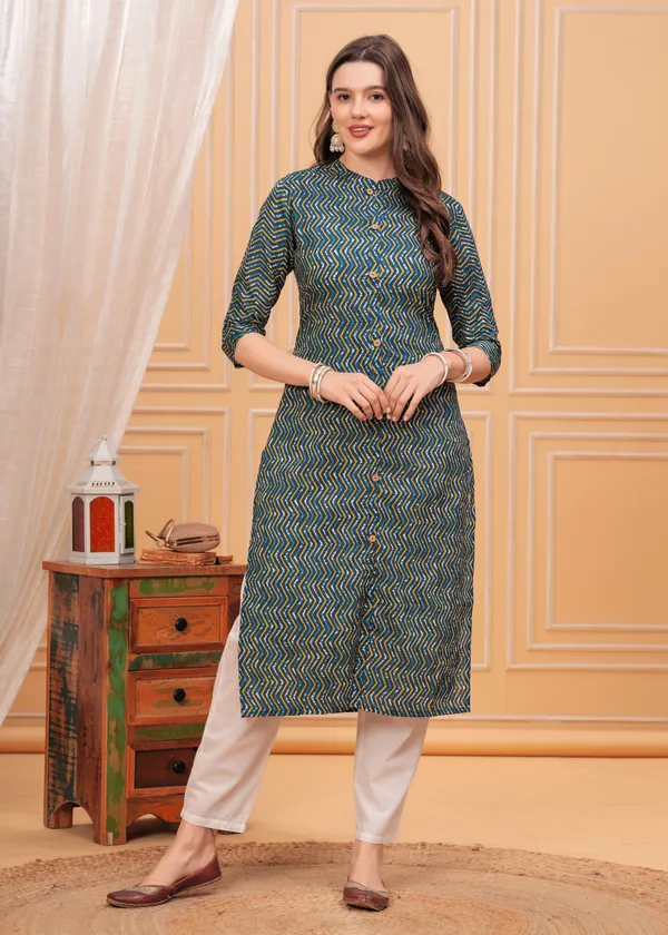 Green_Mandarin_Collar_Chevron_Printed_Straight_Cotton_Kurta_For_Women