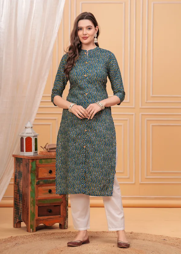 Green_Mandarin_Collar_Chevron_Printed_Straight_Cotton_Kurta_For_Women