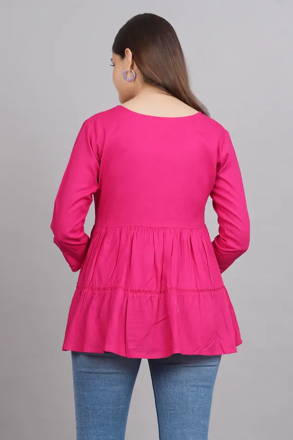Dark_Pink_Notch_Neck_Roll-Up_Sleeves_Empire_Top_For_Women