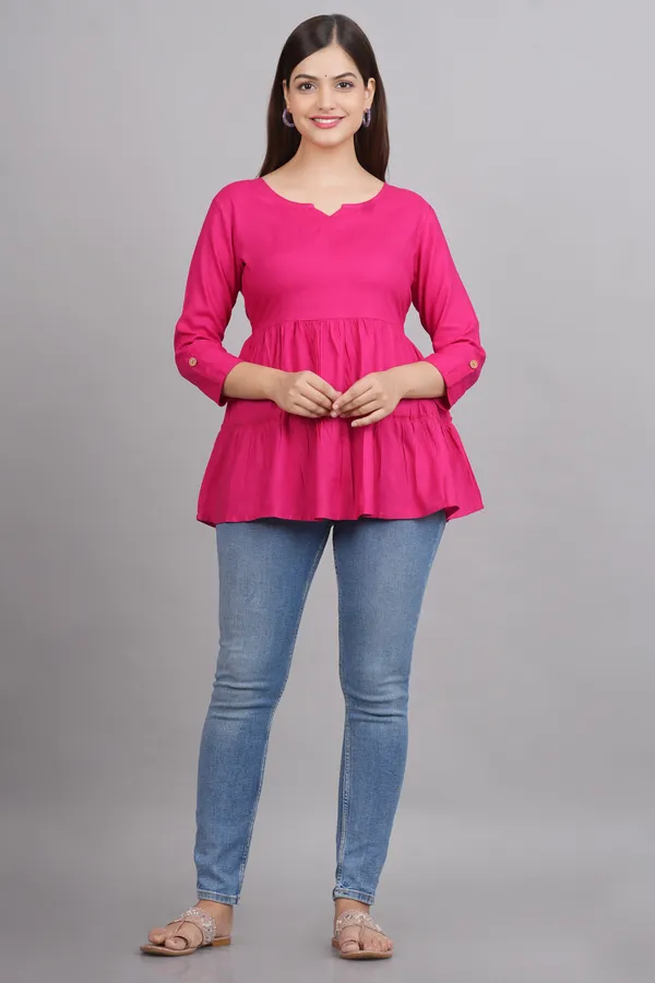 Dark_Pink_Notch_Neck_Roll-Up_Sleeves_Empire_Top_For_Women