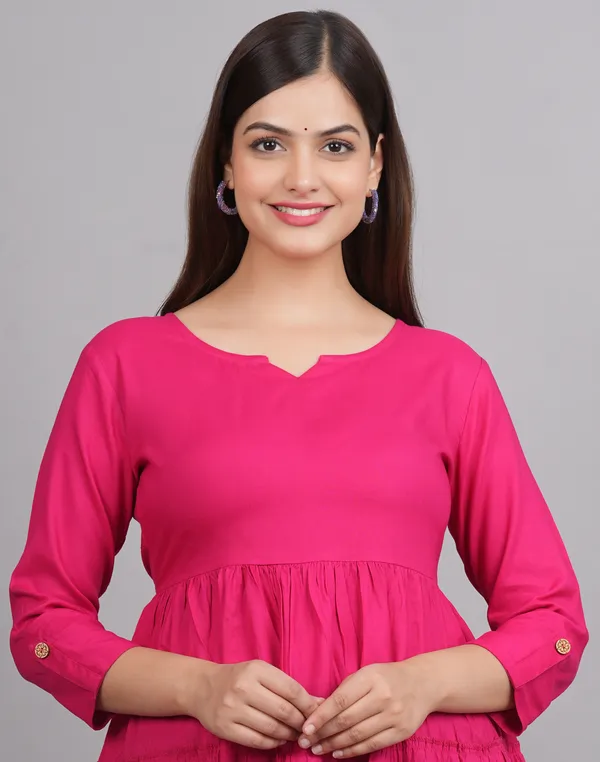 Dark_Pink_Notch_Neck_Roll-Up_Sleeves_Empire_Top_For_Women
