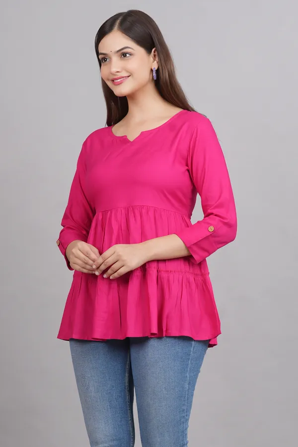 Dark_Pink_Notch_Neck_Roll-Up_Sleeves_Empire_Top_For_Women