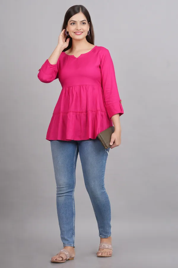 Dark_Pink_Notch_Neck_Roll-Up_Sleeves_Empire_Top_For_Women