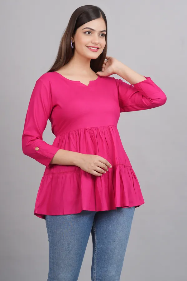 Dark_Pink_Notch_Neck_Roll-Up_Sleeves_Empire_Top_For_Women