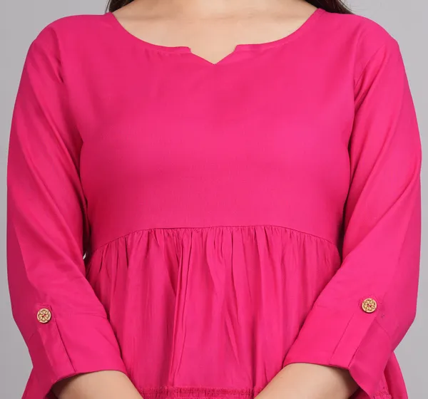 Dark_Pink_Notch_Neck_Roll-Up_Sleeves_Empire_Top_For_Women