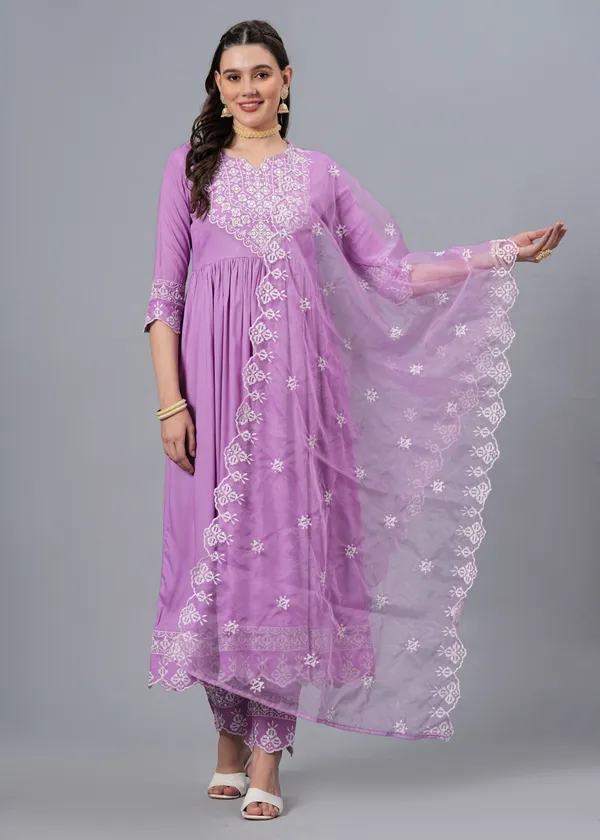 Light_Purple_Floral_Embroidered_Regular_Sequinned_Anarkali_Kurta_With_Palazzos_&_Dupatta_For_Women