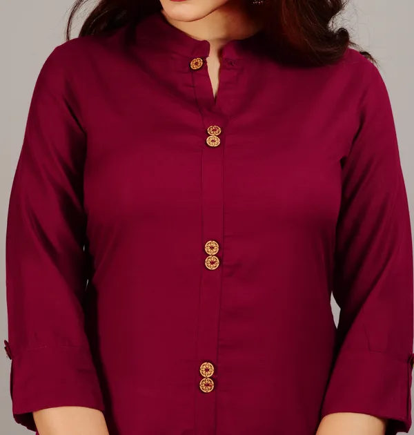 Maroon_Mandarin_Collar_Roll-Up_Sleeves_Straight_Kurta_For_Women