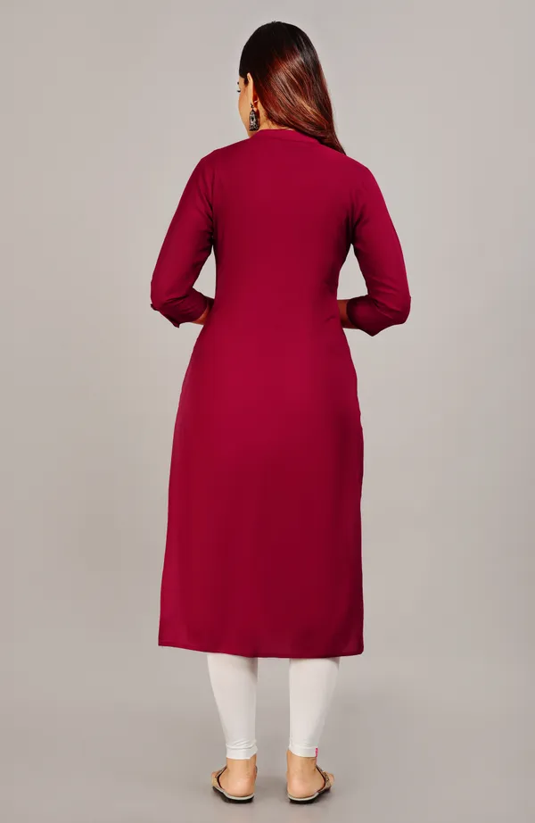 Maroon_Mandarin_Collar_Roll-Up_Sleeves_Straight_Kurta_For_Women