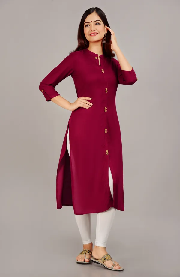 Maroon_Mandarin_Collar_Roll-Up_Sleeves_Straight_Kurta_For_Women