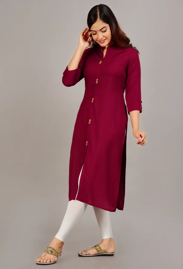 Maroon_Mandarin_Collar_Roll-Up_Sleeves_Straight_Kurta_For_Women