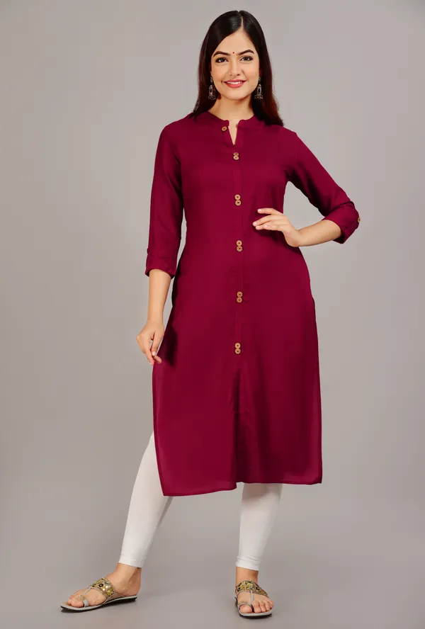 Maroon_Mandarin_Collar_Roll-Up_Sleeves_Straight_Kurta_For_Women