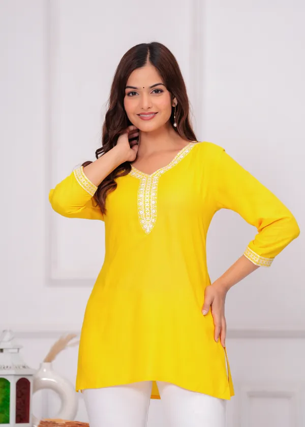Yellow_Embroidered_Round_Neck_Crop_Top_For_Women