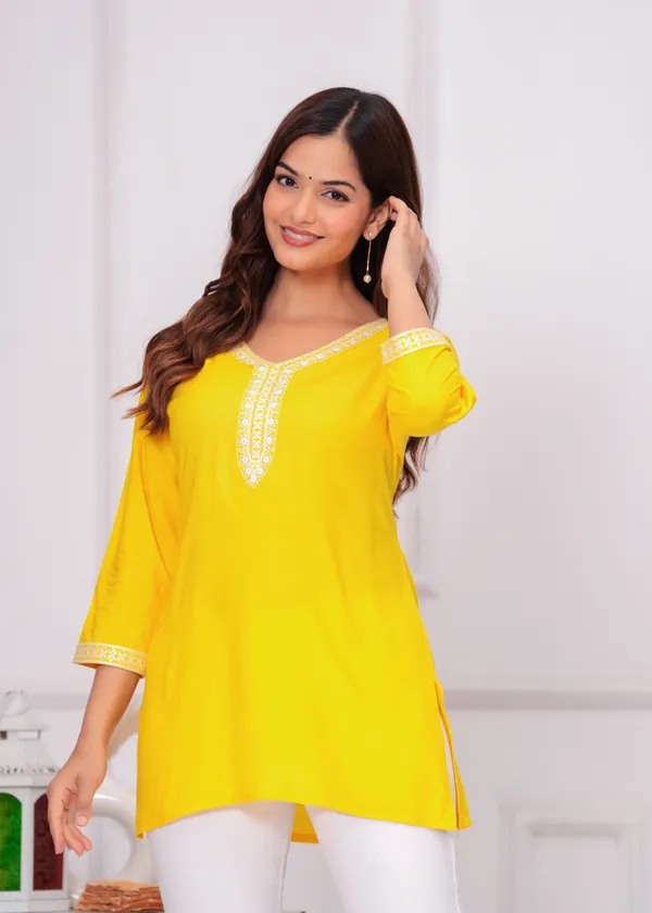 Yellow_Embroidered_Round_Neck_Crop_Top_For_Women
