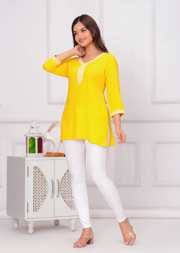 Yellow_Embroidered_Round_Neck_Crop_Top_For_Women