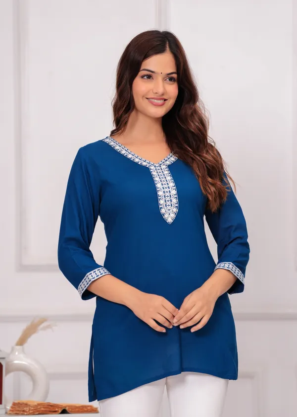 Petrol_Blue_V-Neck_Embroidered_Crop_Top_For_Women