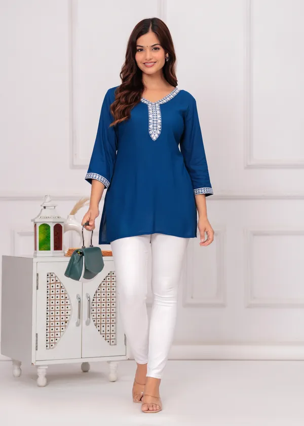 Petrol_Blue_V-Neck_Embroidered_Crop_Top_For_Women