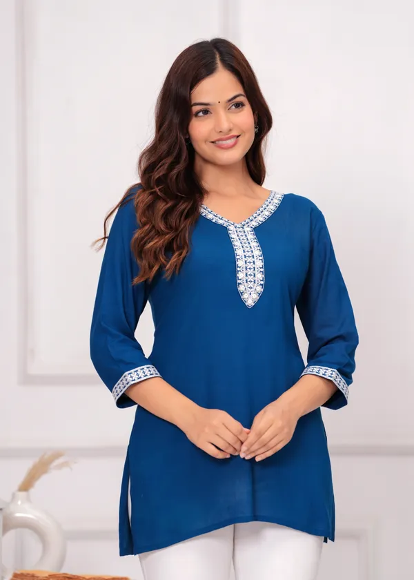 Petrol_Blue_V-Neck_Embroidered_Crop_Top_For_Women