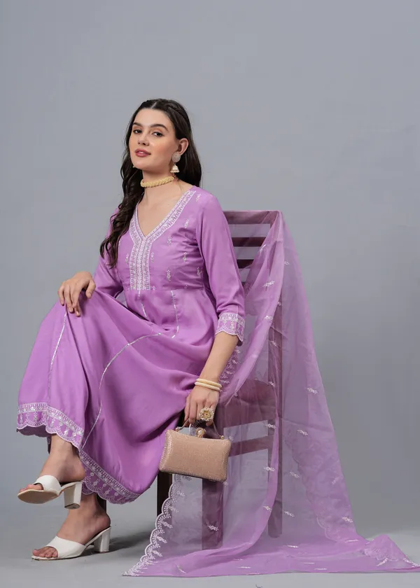 Light_Purple_Floral_Embroidered_Regular_Sequinned_Anarkali_Kurta_With_Palazzos_&_Dupatta_For_Women