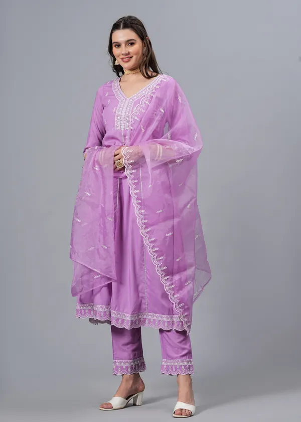 Light_Purple_Floral_Embroidered_Regular_Sequinned_Anarkali_Kurta_With_Palazzos_&_Dupatta_For_Women