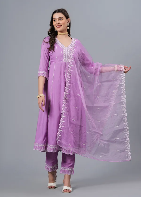 Light_Purple_Floral_Embroidered_Regular_Sequinned_Anarkali_Kurta_With_Palazzos_&_Dupatta_For_Women