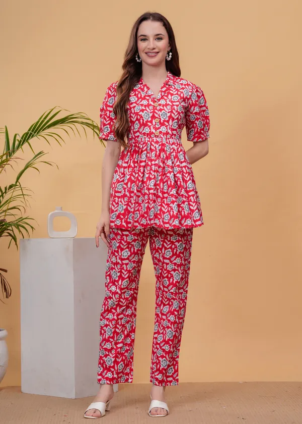 Red_Floral_Printed_Tunic_With_Trouser_Co-Ords_For_Women