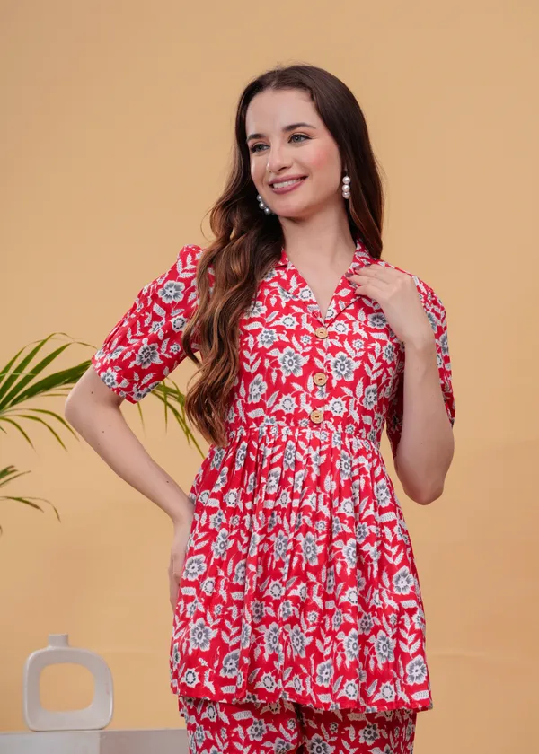 Red_Floral_Printed_Tunic_With_Trouser_Co-Ords_For_Women