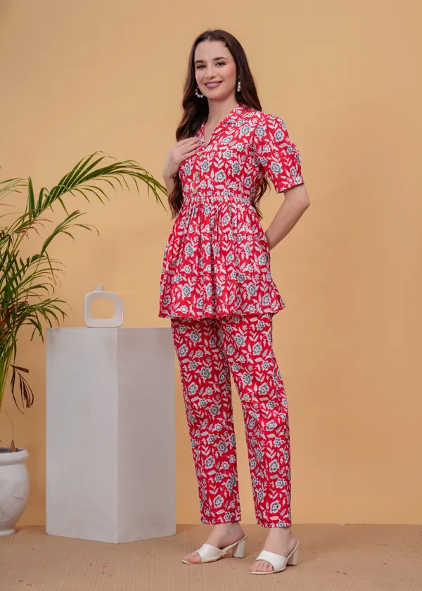 Red_Floral_Printed_Tunic_With_Trouser_Co-Ords_For_Women