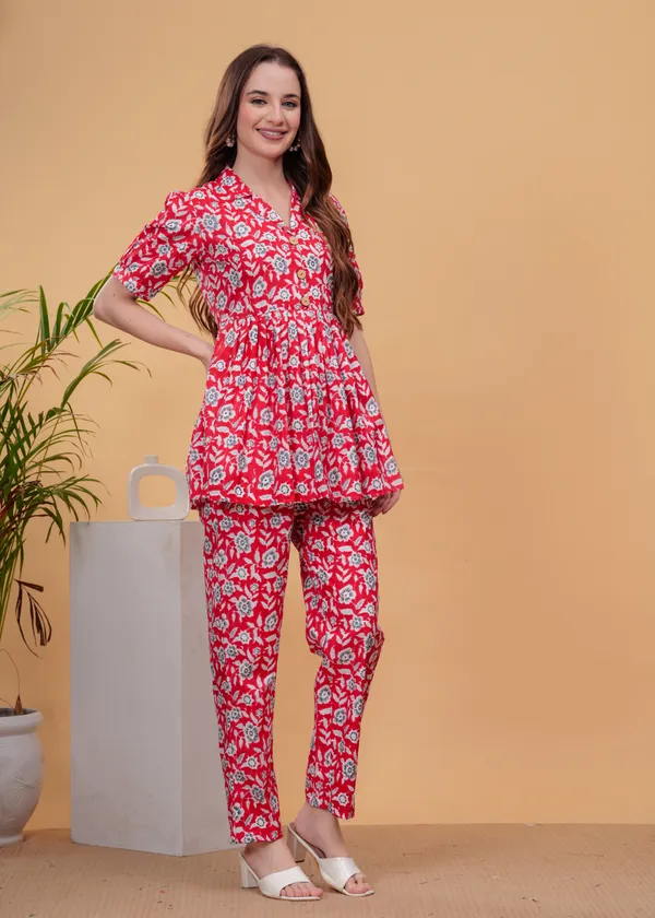 Red_Floral_Printed_Tunic_With_Trouser_Co-Ords_For_Women