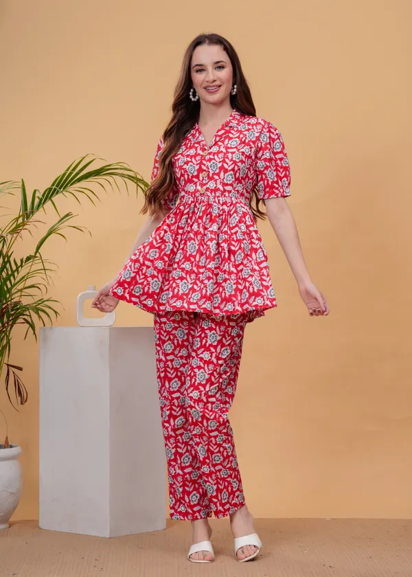Red_Floral_Printed_Tunic_With_Trouser_Co-Ords_For_Women