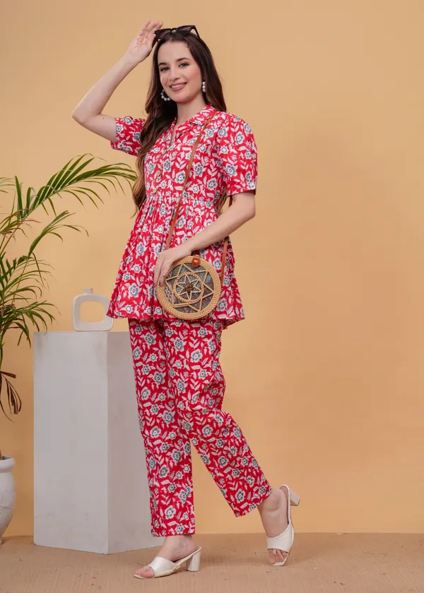 Red_Floral_Printed_Tunic_With_Trouser_Co-Ords_For_Women