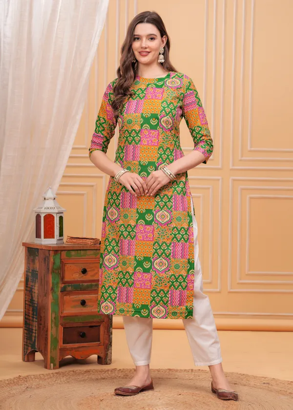 Green_Round_Neck_Geometric_Printed_Straight_Cotton_Kurta_For_Women