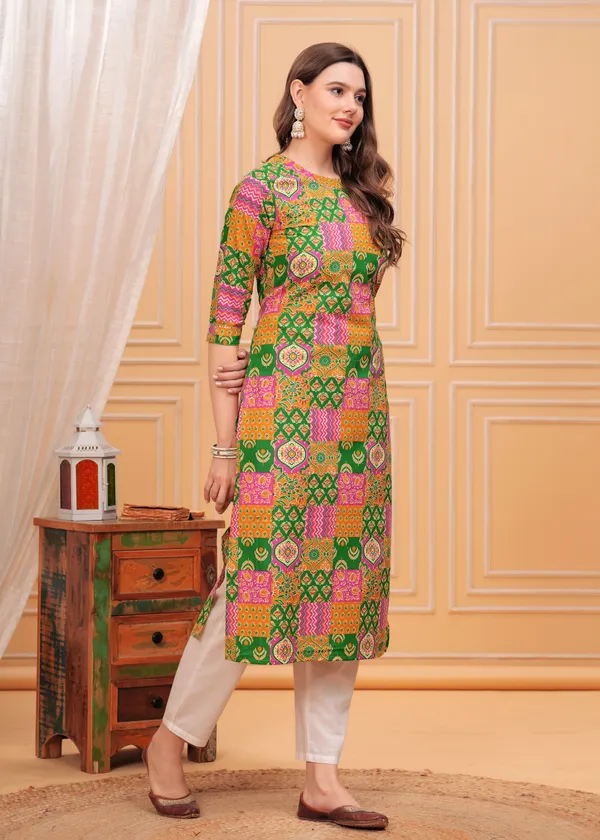Green_Round_Neck_Geometric_Printed_Straight_Cotton_Kurta_For_Women
