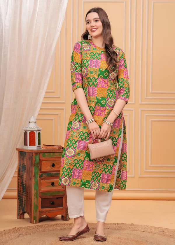 Orange_Ethnic_Motifs_Printed_Round_Neck_Straight_Cotton_Kurta_For_Women