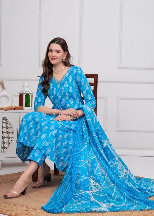 Sky_V-Neck_Floral_Printed_Sequinned_Pure_Cotton_Anarkali_Kurta_With_Trouser_&_Dupatta_For_Women