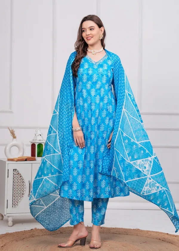 Sky_V-Neck_Floral_Printed_Sequinned_Pure_Cotton_Anarkali_Kurta_With_Trouser_&_Dupatta_For_Women