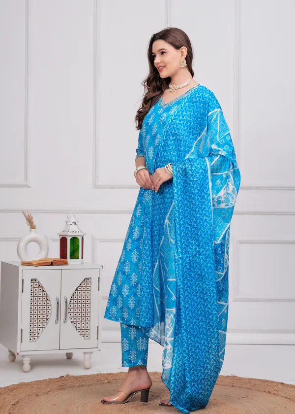 Sky_V-Neck_Floral_Printed_Sequinned_Pure_Cotton_Anarkali_Kurta_With_Trouser_&_Dupatta_For_Women