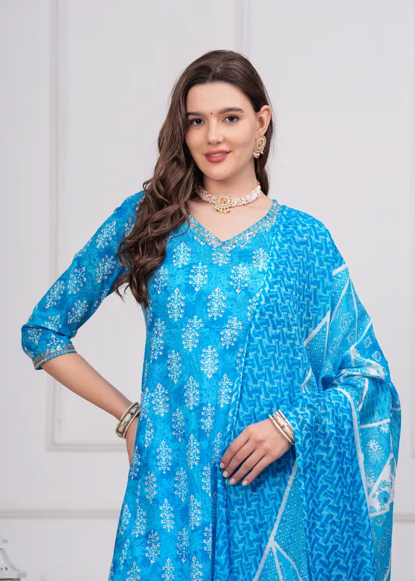 Sky_V-Neck_Floral_Printed_Sequinned_Pure_Cotton_Anarkali_Kurta_With_Trouser_&_Dupatta_For_Women