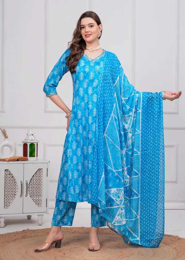 Sky_V-Neck_Floral_Printed_Sequinned_Pure_Cotton_Anarkali_Kurta_With_Trouser_&_Dupatta_For_Women
